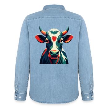 Cow Cartoon Character Colorful Pet Animal - Men’s Organic Denim Shirt by Stanley/Stella - light wash - Back - AI Model Male 185 light (185cm)