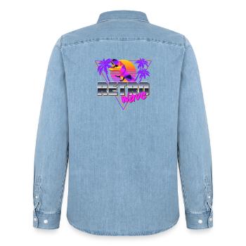 Synthwave Dinosaur - Men’s Organic Denim Shirt by Stanley/Stella - light wash - Back - AI Model Male 185 light (185cm)