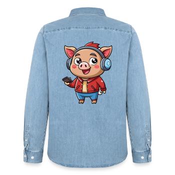 Schwein Lustige Zeichentrickfigur Kopfhörer Musik - Männer Jeanshemd Organic von Stanley/Stella - verwaschenes Hellblau - Hinten - AI Model Male 185 light (185cm)