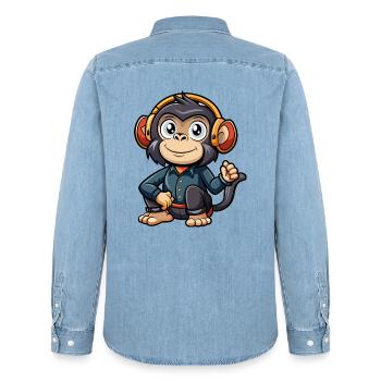 Schimpanse Lustige Cartoon Figur Kopfhörer Musik - Männer Jeanshemd Organic von Stanley/Stella - verwaschenes Hellblau - Hinten - AI Model Male 185 light (185cm)