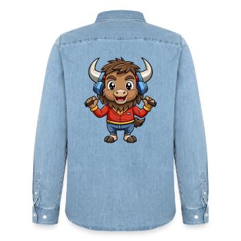 Bison Lustige Zeichentrickfigur Kopfhörer Musik - Männer Jeanshemd Organic von Stanley/Stella - verwaschenes Hellblau - Hinten - AI Model Male 185 light (185cm)