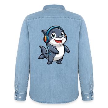 Orca Funny Cartoon Character Musique de casque - Chemise en denim homme bio Stanley/Stella - bleu clair délavé - Dos - AI Model Male 185 light (185cm)