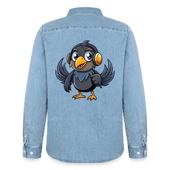Crow Funny Cartoon Character Musique de casque - Chemise en denim homme bio Stanley/Stella - bleu clair délavé - Dos - AI Model Male 185 light (185cm)