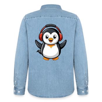Pinguin Lustige Zeichentrickfigur Kopfhörermusik - Männer Jeanshemd Organic von Stanley/Stella - verwaschenes Hellblau - Hinten - AI Model Male 185 light (185cm)