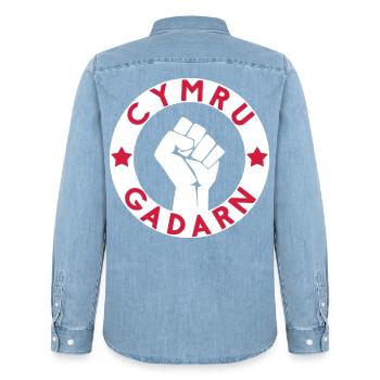 Cymru Gadarn - Männer Jeanshemd Organic von Stanley/Stella - verwaschenes Hellblau - Hinten - AI Model Male 185 light (185cm)