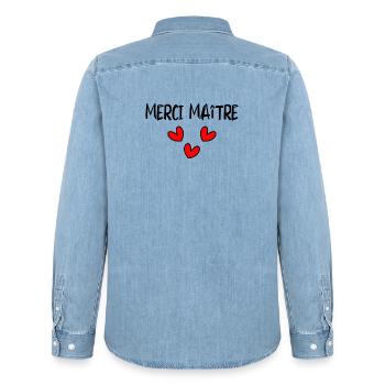 MASTER. MASTER. THANK YOU. THANK YOU, MASTER. MASTER - Men’s Organic Denim Shirt by Stanley/Stella - light wash - Back - AI Model Male 185 light (185cm)