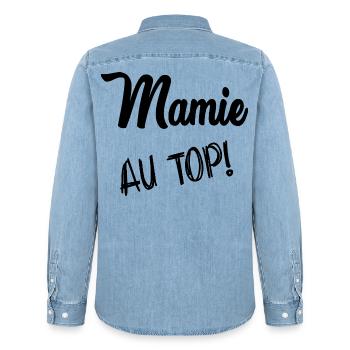 MAMIE. FÊTE DES MÈRES. BONNE FÊTE MAMIE. JE T'AIME - Chemise en denim homme bio Stanley/Stella - bleu clair délavé - Dos - AI Model Male 185 light (185cm)