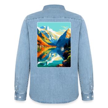 Souvenir de l’affiche de voyage vintage des fjords de Norvège - Chemise en denim homme bio Stanley/Stella - bleu clair délavé - Dos - AI Model Male 185 light (185cm)