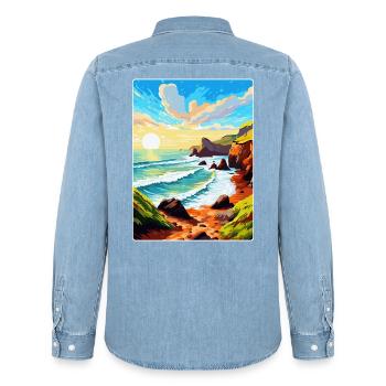 Hartland Quay Devon Vintage Travel Poster Souvenir - Men’s Organic Denim Shirt by Stanley/Stella - light wash - Back - AI Model Male 185 light (185cm)