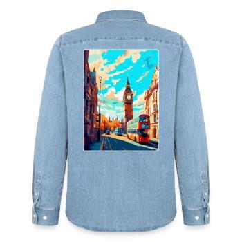 London England Uk Vintage Reise Poster Souvenir - Männer Jeanshemd Organic von Stanley/Stella - verwaschenes Hellblau - Hinten - AI Model Male 185 light (185cm)