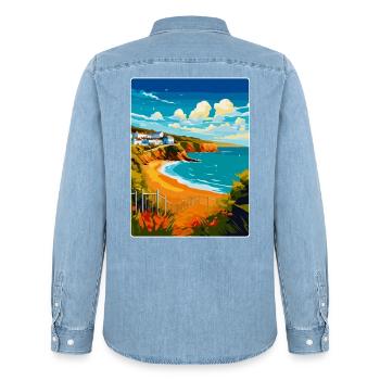 Devon West Country Vintage Travel Poster Souvenir - Men’s Organic Denim Shirt by Stanley/Stella - light wash - Back - AI Model Male 185 light (185cm)