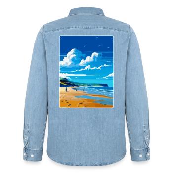 Croyde Beach Devon Vintage Travel Poster Souvenir - Men’s Organic Denim Shirt by Stanley/Stella - light wash - Back - AI Model Male 185 light (185cm)