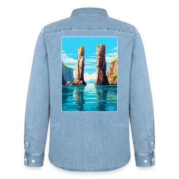 Stack Rocks Pembrokeshire Vintage Reiseposter - Männer Jeanshemd Organic von Stanley/Stella - verwaschenes Hellblau - Hinten - AI Model Male 185 light (185cm)