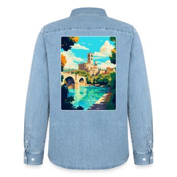 Avignon Frankreich Vintage Reiseplakat Souvenir WPA - Männer Jeanshemd Organic von Stanley/Stella - verwaschenes Hellblau - Hinten - AI Model Male 185 light (185cm)