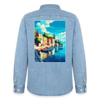 Cres Kroatien Vintage Reiseplakat WPA Souvenir - Männer Jeanshemd Organic von Stanley/Stella - verwaschenes Hellblau - Hinten - AI Model Male 185 light (185cm)