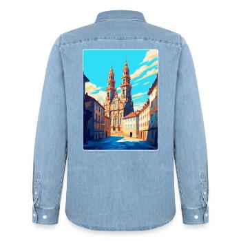 Santiago Spanien Vintage Reiseplakat Souvenir WPA - Männer Jeanshemd Organic von Stanley/Stella - verwaschenes Hellblau - Hinten - AI Model Male 185 light (185cm)