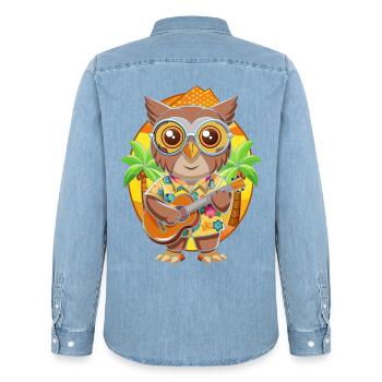Drôle Hibou Dessin Animé Plage D’été Lunettes De Soleil Guitare - Chemise en denim homme bio Stanley/Stella - bleu clair délavé - Dos - AI Model Male 185 light (185cm)