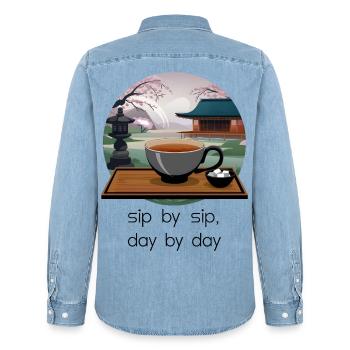 Sip By Sip, Day By Day - Men’s Organic Denim Shirt by Stanley/Stella - light wash - Back - AI Model Male 185 light (185cm)