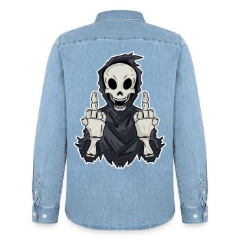 Sensenmann zeigt beide Mittelfinger - Männer Jeanshemd Organic von Stanley/Stella - verwaschenes Hellblau - Hinten - AI Model Male 185 light (185cm)