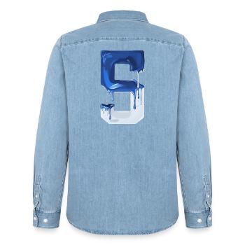 NON. 5 NUMÉRO 5 BLEU BLANC 5E ANNIVERSAIRE - Chemise en denim homme bio Stanley/Stella - bleu clair délavé - Dos - AI Model Male 185 light (185cm)
