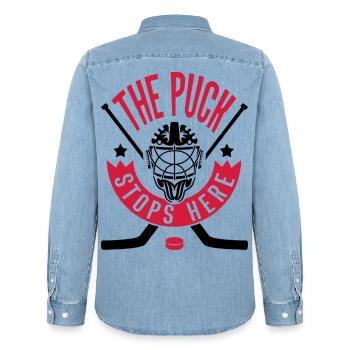 Hockey Goalie Design - The Puck Stops Here   - Men’s Organic Denim Shirt by Stanley/Stella - light wash - Back - AI Model Male 185 light (185cm)