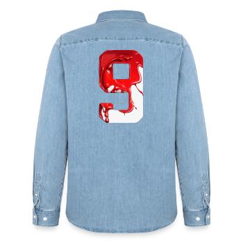 NO. 9 NUMBER 9 RED WHITE 9TH BIRTHDAY - Men’s Organic Denim Shirt by Stanley/Stella - light wash - Back - AI Model Male 185 light (185cm)