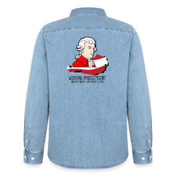 Wolfgang Amadeus Mozart - greatest composer - Männer Jeanshemd Organic von Stanley/Stella - verwaschenes Hellblau - Hinten - AI Model Male 185 light (185cm)
