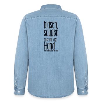blasen o. saugen, jeder beseitigt Laub wie er will - Männer Jeanshemd Organic von Stanley/Stella - verwaschenes Hellblau - Hinten - AI Model Male 185 light (185cm)