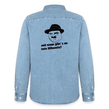 Seit wann gibt's an roten Slivovitz? Quasi - Männer Jeanshemd Organic von Stanley/Stella - verwaschenes Hellblau - Hinten - AI Model Male 185 light (185cm)