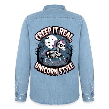 Grusel es im echten Einhorn-Stil - Männer Jeanshemd Organic von Stanley/Stella - verwaschenes Hellblau - Hinten - AI Model Male 185 light (185cm)