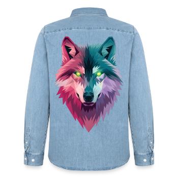 Spirit Wolf - Men’s Organic Denim Shirt by Stanley/Stella - light wash - Back - AI Model Male 185 light (185cm)