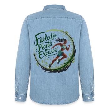 Alimenté par les plantes, pas d’excuses - Chemise en denim homme bio Stanley/Stella - bleu clair délavé - Dos - AI Model Male 185 light (185cm)