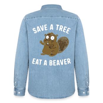Animal de la forêt de castors de dessins animés bruns - Chemise en denim homme bio Stanley/Stella - bleu clair délavé - Dos - AI Model Male 185 light (185cm)