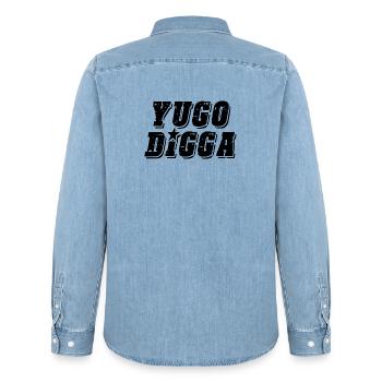 yugo digga - style uni des Balkans - Chemise en denim homme bio Stanley/Stella - bleu clair délavé - Dos - AI Model Male 185 light (185cm)