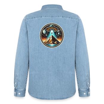 Ufo Alien Pyramids Logo - Men’s Organic Denim Shirt by Stanley/Stella - light wash - Back - AI Model Male 185 light (185cm)