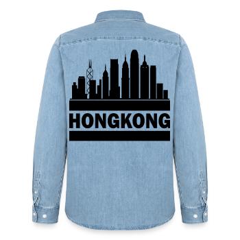 Hong Kong Skyline Souvenir Asia Buddha Gift Om - Men’s Organic Denim Shirt by Stanley/Stella - light wash - Back - AI Model Male 185 light (185cm)