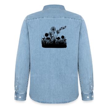 Papillons design pusteblumes prairie coeurs - Chemise en denim homme bio Stanley/Stella - bleu clair délavé - Dos - AI Model Male 185 light (185cm)