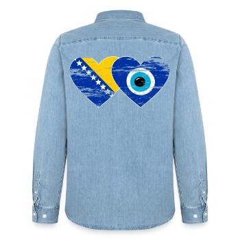 Drapeau de Bosnie Nazarpearl utilisé - Chemise en denim homme bio Stanley/Stella - bleu clair délavé - Dos - AI Model Male 185 light (185cm)