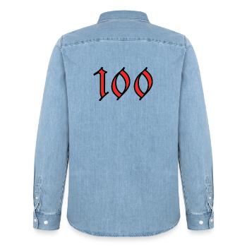 HAPPY BIRTHDAY. HAPPY BIRTHDAY. ANNIVERSARY. - Men’s Organic Denim Shirt by Stanley/Stella - light wash - Back - AI Model Male 185 light (185cm)