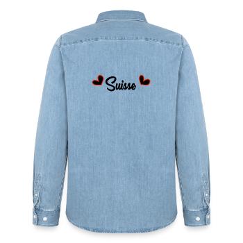 SUISSE. PAYS. GENEVE. SUISSE. HUMOUR. PAYS - Chemise en denim homme bio Stanley/Stella - bleu clair délavé - Dos - AI Model Male 185 light (185cm)
