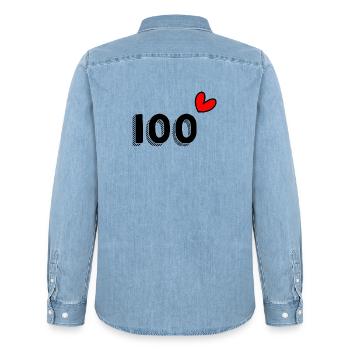 100. 100 YEARS. 100th ANNIVERSARY. BIRTHDAY 100 - Men’s Organic Denim Shirt by Stanley/Stella - light wash - Back - AI Model Male 185 light (185cm)