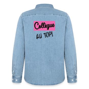 RETRAITE. RETRAITE. RETRAITEE. BONNE RETRAITE - Chemise en denim homme bio Stanley/Stella - bleu clair délavé - Dos - AI Model Male 185 light (185cm)