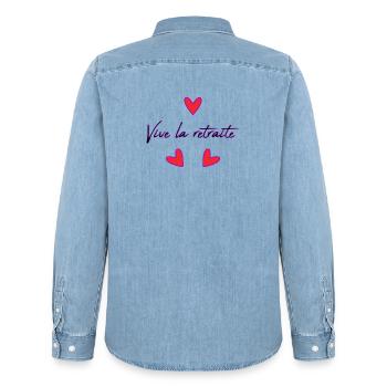 RETIREMENT. HAPPY RETIREMENT. HAPPY RETIREMENT - Men’s Organic Denim Shirt by Stanley/Stella - light wash - Back - AI Model Male 185 light (185cm)