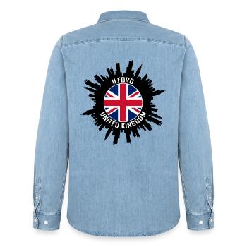 Ilford Skyline UK Flagge Reise-Souvenir - Männer Jeanshemd Organic von Stanley/Stella - verwaschenes Hellblau - Hinten - AI Model Male 185 light (185cm)