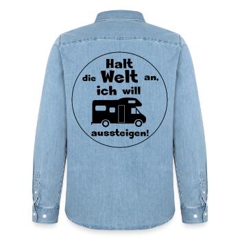 halt die welt an - Männer Jeanshemd Organic von Stanley/Stella - verwaschenes Hellblau - Hinten - AI Model Male 185 light (185cm)
