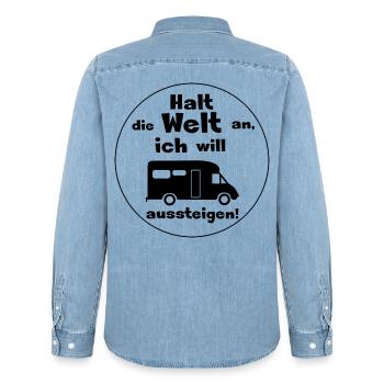 halt die welt an - Männer Jeanshemd Organic von Stanley/Stella - verwaschenes Hellblau - Hinten - AI Model Male 185 light (185cm)