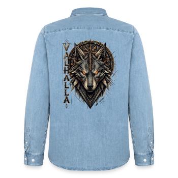 Wikingerwolf Valhalla – Geometrische Runen - Männer Jeanshemd Organic von Stanley/Stella - verwaschenes Hellblau - Hinten - AI Model Male 185 light (185cm)
