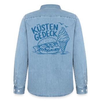 Küstengedeck – Fischbrötchen und Softeis - Männer Jeanshemd Organic von Stanley/Stella - verwaschenes Hellblau - Hinten - AI Model Male 185 light (185cm)