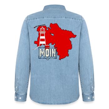Moin Niedersachsen Leuchtturm - Männer Jeanshemd Organic von Stanley/Stella - verwaschenes Hellblau - Hinten - AI Model Male 185 light (185cm)