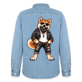 Akita mit Bart und Lederjacke – Cooler Biker Hund - Männer Jeanshemd Organic von Stanley/Stella - verwaschenes Hellblau - Hinten - AI Model Male 185 light (185cm)